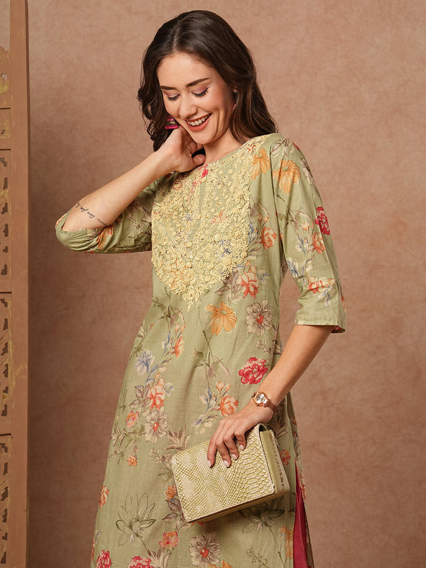Green Floral Sequins Kurta-1