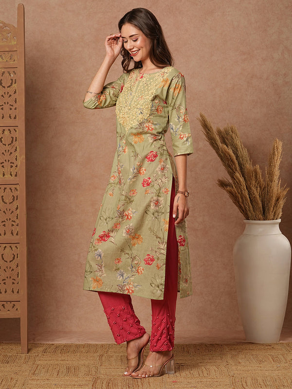 Green Floral Sequins Kurta